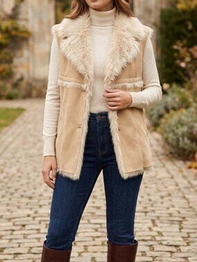 NWT Elan Faux Suede & Faux Fur Tan Vest Womens Large Cowgirl Boho MRSP $145